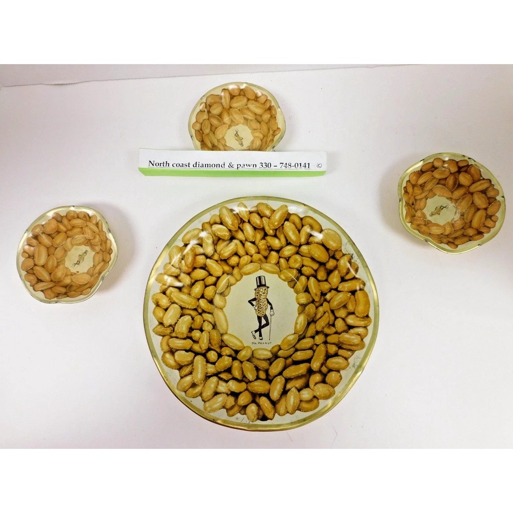 Vintage Planters Mr Peanut Tin Snack Bowl Set 4pc Gold Tone Advertising DH15